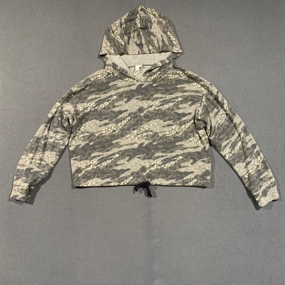 Elan Camo Animal Print Hoodie Women Small Cropped Drawstring Green BKP10118